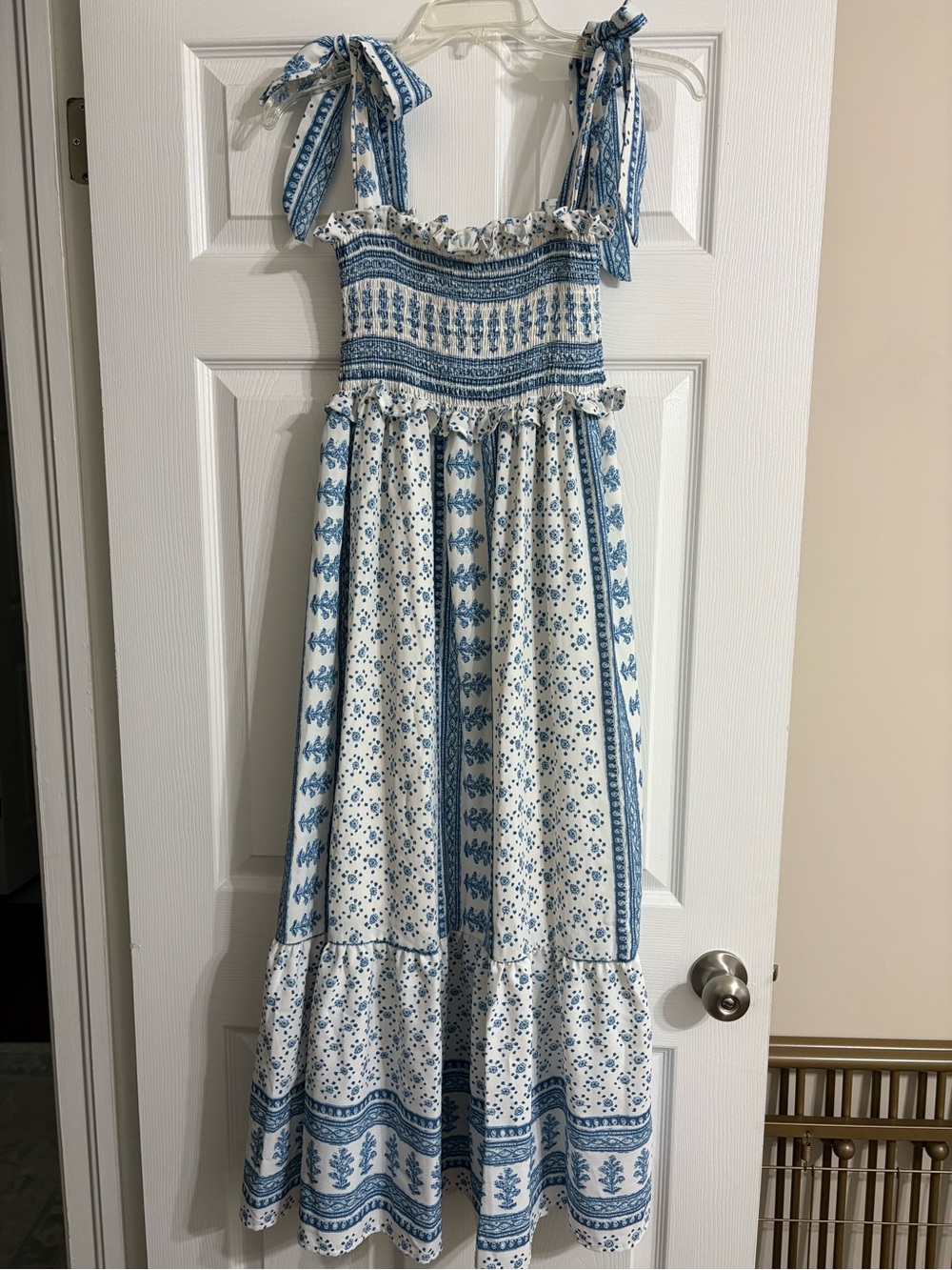 Blue & White Maxi Sundress with Tie Straps